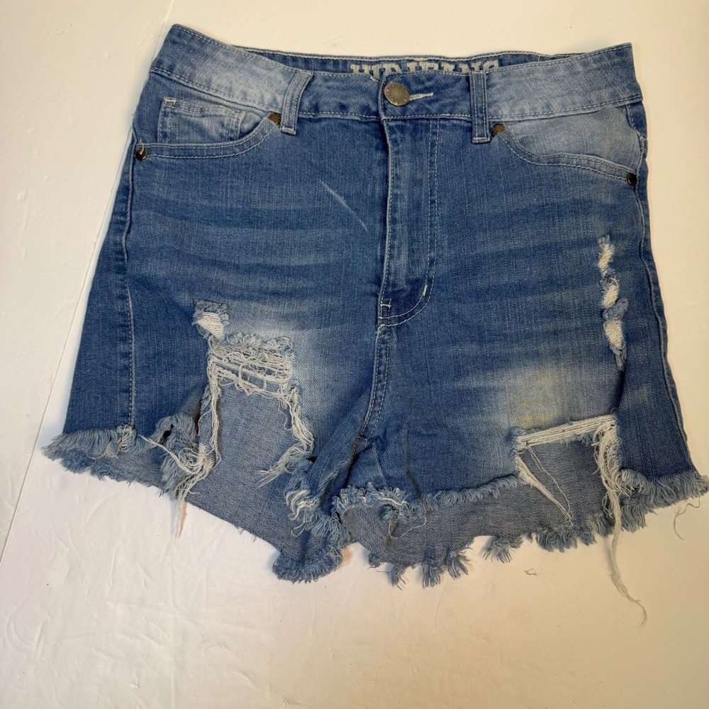 VIP Jeans Womens Distressed Denim Shorts Medium Wash High Rise Frayed Hem‎ 5/6